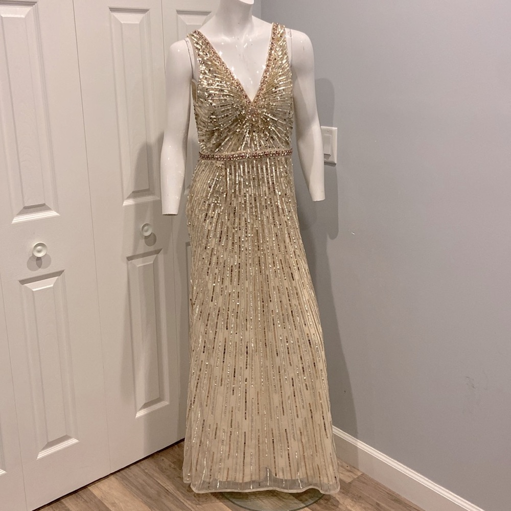 NWOT Mac Duggal cream beaded gown - Picture 2 of 14